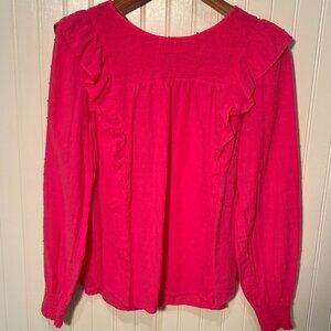LOFT Clip Smocked Ruffle Blouse – Hot Pink, Size M